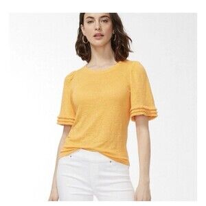 Chicos Shirt Beach Minimalist Summer 100% Linen Fringe Top Size 3 XL Gold Orange